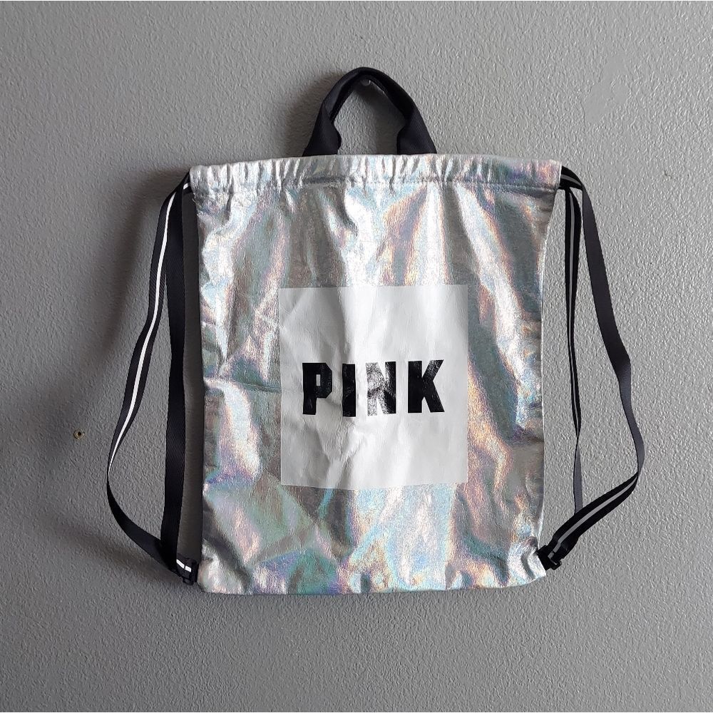 PINK Victoria Secret Iridescent Silver Holographic Drawstring Backpack Bag
